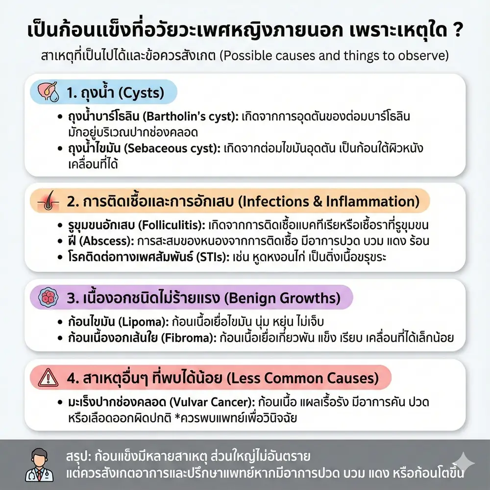 เป็นก้อนแข็งที่อวัยวะเพศหญิงภายนอก เพราะเหตุใด ? 1 เป็นก้อนแข็งที่อวัยวะเพศหญิงภายนอก เพราะเหตุใด ?