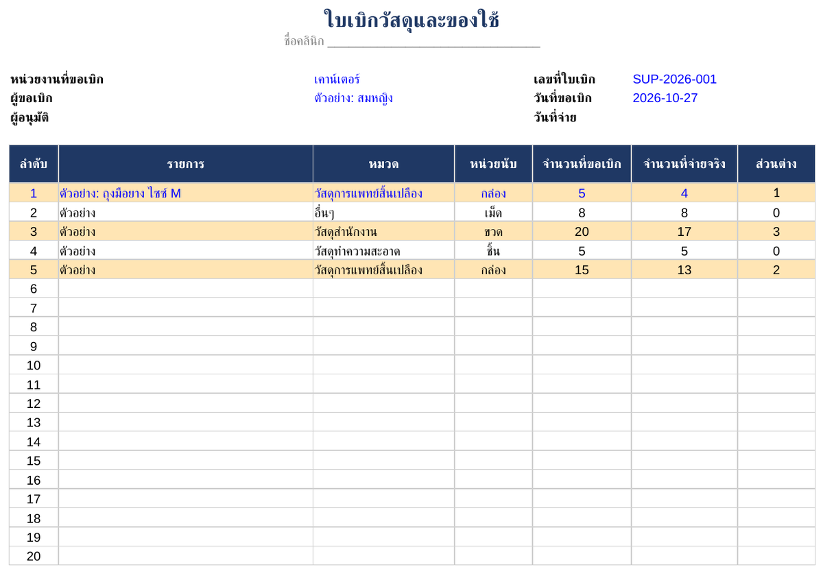 ตัวอย่างใบเบิกของ ใบเบิกวัสดุ (Excel) ฟรี สำหรับคลินิก